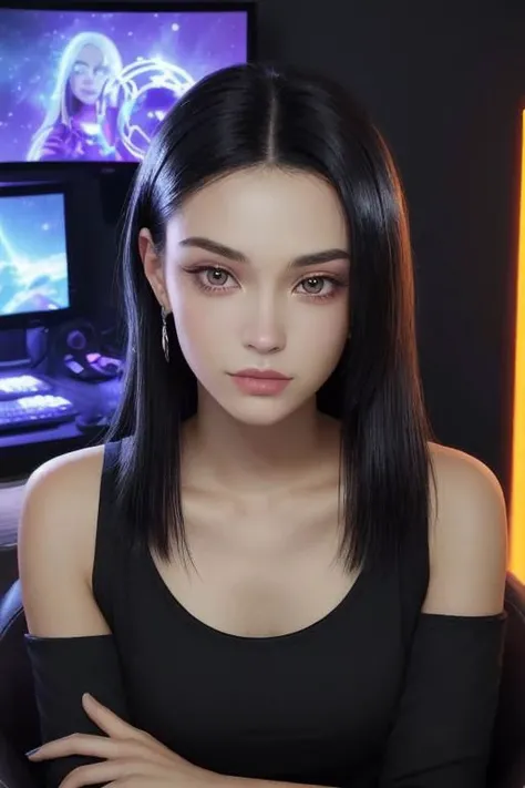 The focus lies on a beautiful woman with shiny hair, wearing a black crop top, her face exuding a warm and approachable aura, as she gazes directly into the camera. Bathehed in gentle, warm illumination, she occupies her gaming sanctuary, with the luminous spectacle of his setup castin an enchanting radiance in the background. Employing the Octane render, this lifelike depiction is destined to be a stunning 4K masterpiece.