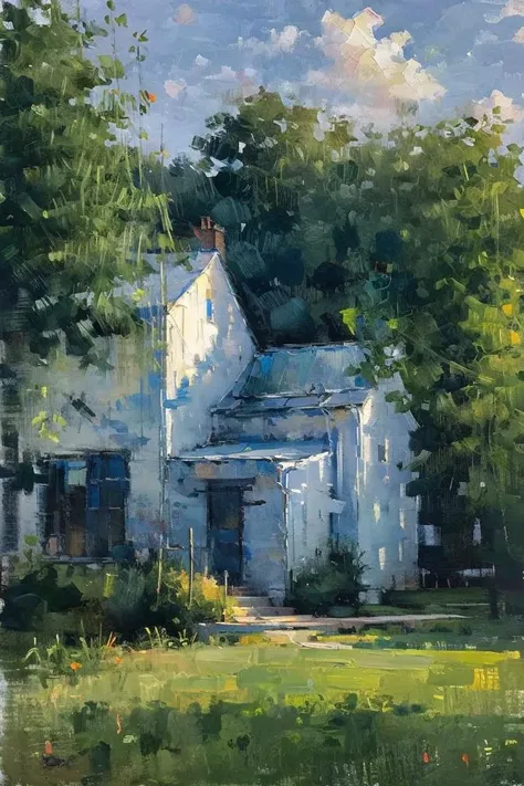 (OIL PAINTING),(IMPRESSIONISM), <lora:bichu-v0612 :1>,bichu,landscape,sky,water,house, grass, scenery,wheat field laboring crowd