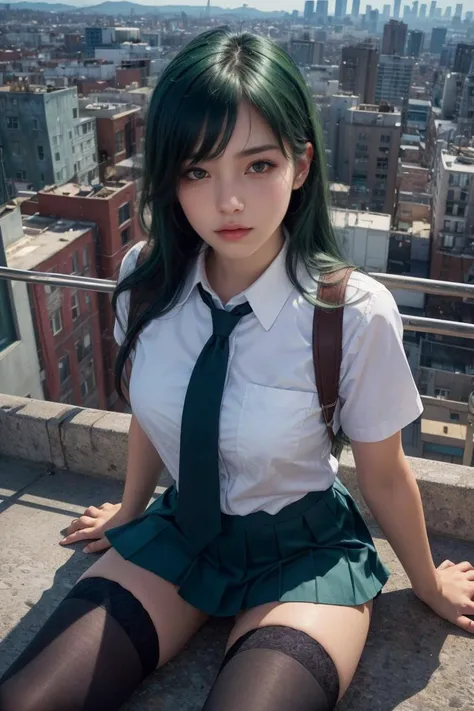 Cowboy Shot,high quality, detailed fingers,masterpiece, detailed eyes,(realistic, photo-realistic:1.2) ,<lyco:GoodHands-beta2:1>,unity 8k wallpaper, pretty face, <lyco:GPTS4 dreamwave full_478773:0.3>, 1girl, solo, black eyes, green hair, low-tied long hair, school uniform, sitting, wariza, thighhighs, black thighhighs, from above, looking at viewer, (cityscape), cinematic lighting, professional shadow
