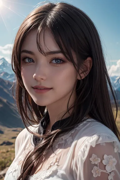high quality,  detailed fingers,masterpiece, detailed eyes,(realistic, photo-realistic:1.2) ,<lyco:GoodHands-beta2:1>,unity 8k wallpaper, Cowboy Shot, glowing eyes, (beautiful, aesthetic, perfect, delicate, intricate:1.2),(absurdres, highres, ultra detailed),best quality, masterpiece,Dark hair, dark eyes, upper body, sun flare, outdoors, mountain, valley, sky. clouds, smiling,