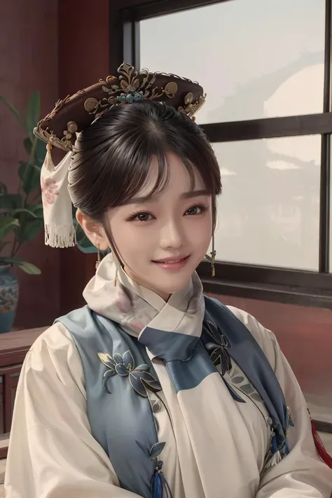 Masterpiece, absurdres,award winning photo, extremely detailed, amazing, fine detail, extremely detailed eyes and face, hyper realistic lifelike texture dramatic lighting unrealengine trending on artstation cinestill 800 tungsten, smiling qingchao, a woman in a traditional chinese dress poses for a picture , woman wearing a qingchao_dress, (qingchao_haircut, qingchao_scarf,:1.3), <lora:add_detail:0.2> , <lora:shuV2:0.3>, <lora:QingChao:1>