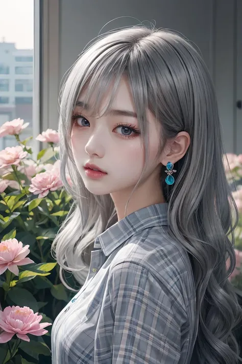 korean girl wearing brown checkered blouse and blue shirt, in the style of delicate flowers, eye-catching resin jewelry, dark silver and light gray, soft-edged, wavy, 32k uhd, anime aesthetic