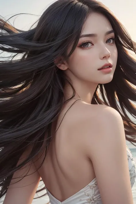 hyper realistic art portrait of a stunningly beautiful women, hyper realistic art beautiful long hairstyle, ((detailed long hair)), back of the hair, (hair blowing in the wind), breathtaking fashion photoshoot, close up,