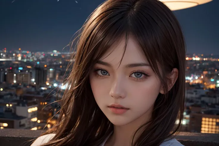Cowboy Shot,high quality, detailed fingers,masterpiece, detailed eyes,(realistic, photo-realistic:1.2) ,<lyco:GoodHands-beta2:1>,unity 8k wallpaper, pretty face, 1girl, brown hair, (night, city:1.5),smagnificent panorama view