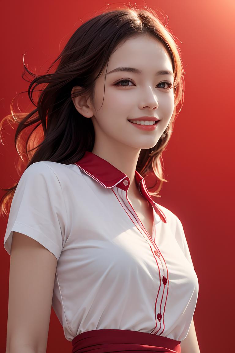 A close up of a woman in a white shirt and red skirt - SeaArt AI