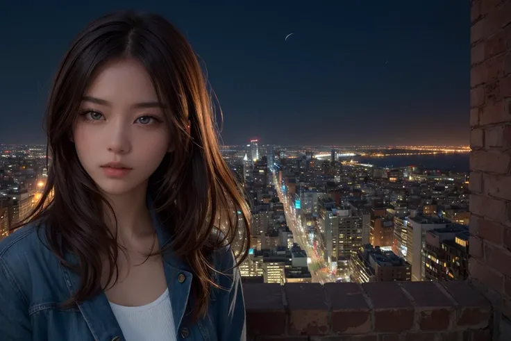 Cowboy Shot,high quality, detailed fingers,masterpiece, detailed eyes,(realistic, photo-realistic:1.2) ,<lyco:GoodHands-beta2:1>,unity 8k wallpaper, pretty face, 1girl, brown hair, (night, city:1.5),smagnificent panorama view