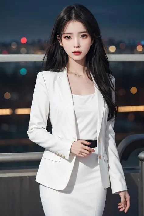 nikon RAW photo,8 k,Fujifilm XT3,masterpiece,best quality,1girl,solo,realistic,photorealistic,ultra detailed,diamond stud earrings,long straight black hair,hazel eyes,serious expression,slender figure,wearing a black blazer and white blouse,standing against a city skyline at night iu1,<lora:iu_v35:0.8>,