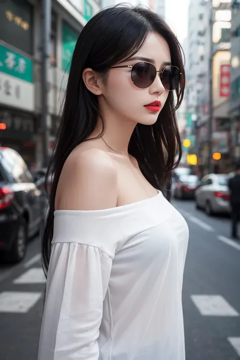 Best Quality,Masterpiece,Ultra High Resolution,(Realisticity:1.4),Original Photo,Cinematic Lighting, HongKong style,HongKong, 1girl, black hair, solo, sunglasses, blurry, blurry background, long hair, shirt, upper body, red lips, white shirt, realistic, looking to the side, black eyes, lips, off shoulder, looking at viewer