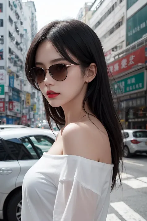 Best Quality,Masterpiece,Ultra High Resolution,(Realisticity:1.4),Original Photo,Cinematic Lighting, HongKong style,HongKong, 1girl, black hair, solo, sunglasses, blurry, blurry background, long hair, shirt, upper body, red lips, white shirt, realistic, looking to the side, black eyes, lips, off shoulder, looking at viewer
