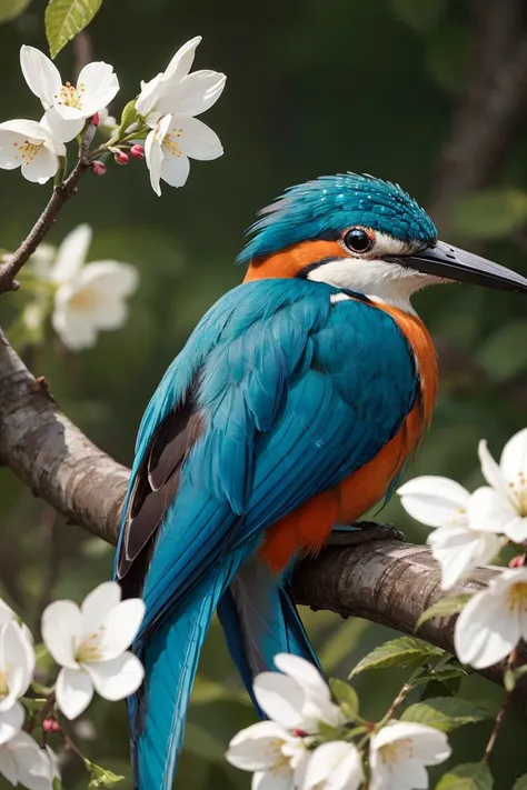 (best quality, masterpiece), superb kingfisher on a branch near budding white cherry flowers, dark, dawn, (chilly early morning:1.1), (morning dew:1.15), realistic photography, (low-key photograph:1.2), detailed, 8k, intricate ruffled feathers, water droplets on the feathers, (to8contrast style), (mist:0.7), vivid colors, Sony a6600 Mirrorless Camera, embellish2