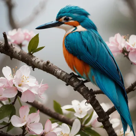 (best quality, masterpiece), superb kingfisher on a branch near budding white cherry flowers, dark, dawn, (chilly early morning:1.1), (morning dew:1.15), realistic photography, (low-key photograph:1.2), detailed, 8k, intricate ruffled feathers, water droplets on the feathers, (to8contrast style), (mist:0.7), vivid colors, Sony a6600 Mirrorless Camera, embellish2