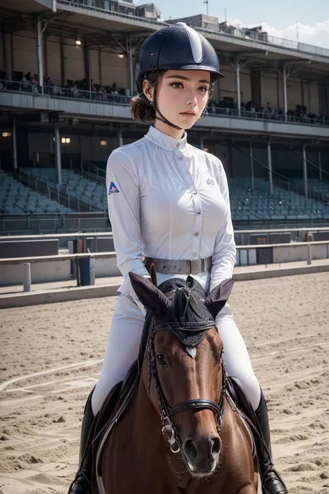 best quality, masterpiece, <lora:more_details:0.3>,<lyco:GoodHands-beta2:1>,a woman, (wearing equitation_outfit, wearing cap:1.1), white equitation_outfit, good hand, head:1.3,finely detailed skin, sharp focus, (cinematic lighting), dynamic angle, breasts, outside, Racetrack background, <lora:equitation_outfit:0.6>,Depth of Field