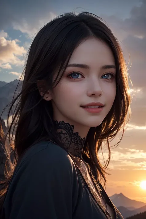 <lyco:GoodHands-beta2:0.5>,high quality, masterpiece, (realistic, photo-realistic:1.2) ,high definition, ultra detailed, raw photo,1girl,detailed eyes, glowing eyes, (beautiful, aesthetic, perfect, delicate, intricate:1.2),Dark hair, dark eyes, upper body, sun flare, outdoors, mountain, valley, sky. clouds, smiling,