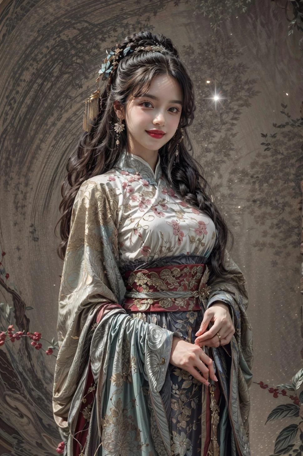 <(best quality, extremery best quality, masterpiece:1.4), (realistic, intricate details:1.4), (photorealistic:1.4), (extremely intricate:1.4), highres, ultra highres, ultra detailed, ultra-detailed, absurdres, incredibly absurdres, extremely detailed, high quality, high resolution, hyperrealistic, ultra-realistic, hyper-detailed, top quality, best, fine detail, massive detail, Highly detailed, extreme detailed, highest detailed, high-res, absolutely resolution, reflection, (refraction:1.4), (hyperrealism:1.4), ultra realistic details, highly intricate details>, BREAK, (1girl:1.3), solo, looking at viewer, (young cute beautiful 18-year-old girl:1.4), 3d face, (hand of Guido Daniele:1.4), beautiful girl, Beautiful face, pretty, girlface, kpop idol, supermodel, stunning innocent symmetry face, perfect body, medium breast, slim waist, slim legs, (high detailed skin:1.5), glowing eyes, goddess, natural skin texture, shiny skin, White skin, Beautiful detailed face, detailed face, real skin texture, cute delicate face, finely detailed face, golden ratio, golden ratio face, expressive eyes, perfect face, perfect skin, flawless face, clear face, shiny hair, pale skin, Proper body proportion, perfect anatomy, realistic skin texture, luscious lips, glossy lips, natural makeup, beautiful bright pupils, slender figure, intricate eyes, detailed pupils, detailed face and eyes, longeyelashes, blush, good hand, perfect hands, pretty face, beautiful female bodies, finely detailed skin, oily shiny skin, clean facial features, an extremely delicate and beautiful, cute & girly, beautiful detailed eyes, stars in the eyes, detailed simmetric eyes, perfect smooth skin texture, BREAK, (((((brilliant colors, (joshua middleton comic cover art, theater dance scene, hypermaximalist, ink painting, instagram contest winner, model pose, fashion color scheme, trending on cgsociety, playful illustrations, imaginative overlays, artistic fusion, fantastical scenes, evocative narratives, striking visuals:1.3), (Glowing ambiance, enchanting radiance, luminous lighting, ethereal atmosphere, mesmerizing glow, evocative hues, captivating coloration, dramatic lighting, enchanting aura:1.2), (moon, palace, Hibiscus, nymphaea, plum blossoms, a girl in hanfu, melanchonic soft light, photorealistic faces, moody lighting:1.4), (night, Night time, moon light, Golden Hour, sky, landscape, stars, starry, galaxy sky, milky way, night sky full of stars:1.2), (dancing, mountain, river, old tree, Ribbon, Elegant, She soared through the air in her flowing dress and fluttering ribbons, Graceful and graceful, pine trees, birds, moss, there is orange cat sitting near girl:1.2), (hanfu, ornaments detailed, traditional clothes, braids, water, jewelry, chinese clothes, earrings, sash, long sleeves, tree, petals, hair ornament, floating hair, dress, rock, falling petals, flower, chinese traditional architecture, ancient art, chinese style, Chinese, lake background, chinese buildings, misty lake, ancient chinese background, after the rain, wet grass and trees, waterfall, flying splashes, flying petals, leaves, bloom, bloom effect, surrounded by heavy floating petal flow, petal, leaves falling from the tree, peaceful atmosphere, mountainous backdrop, authentic cultural experience, quiet whispers, hushed conversations, tranquil silence, crisp air, soulful melodies, a sense of belonging, bonding with nature, quiet reflection, random patterns, energetic movement, bold colors, dynamic texture, spontaneous creativity:1.2), (smile, blush, Pink hair, Pink eye, long hair, Pink eyelashes, Pink lips, Pink lip colour, Eyes glowing Pink, flat bangs, happy expression, warm smile, cute smile, smiling:1.4), (long_hair, mountain background, forest, river in background, landscape, water reflection, outdoors:1.3), (mountains, breeze, dust is drifting, ethereal, scenery, nature, mysterious background, fog, wind:1.2), (iridescent colors, Iridescence, mysterious, fantasy background, fantasy, open mouth:1.2), (Luminescent Particles:1.3), (fullbody:1.2), (eye focus, face focus, character focus, close-up face:1.2), (dutch angle, cowboy shot:1.3), colorful refraction)))), BREAK, <hyper realistic DSLR photo, Nikon D5, cinematic portrait, portrait, ultra sharp, analog film photography, film emulation, bokeh, blurry noise background, watercolor, available light, detailed light, volumetric fog, beautiful lighting, Rembrandt lighting, Cinematic, pixel art, game art, key visual, surreal, PBR Texturing, Anisotropic Filtering, Maximum Clarity And Sharpness, Albedo And Specular Maps, Multi-Layered Textures, Surface Shading, Sub-Pixel Convolution, Sub-Pixel Convolution, Accurate Simulation Of Light-Material Interaction, blurry foreground, broad light, volumetric light effect, matte painting, perfectly defined features, volumetric lighting, Tone Mapping, Lumen Reflections, Global illumination, Ray Tracing, Screen Space Global Illumination, Accent Lighting, 32k, Natural Lighting, volumetric, cinematic masterpiece, Rule of thirds, high dynamic range, Multi-exposure HDR capture, cinematic render, game cg cinematic, atmospheric perspective, movie scene, epic dynamic frame, motion blur, ((cinematic look, Film look)), rim light, 4k textures, adobe lightroom, photolab, insane details, hyperdetailed, exposure blend, professional color grading, professional color correction, aerial perspective, particles and dust in beams of light, cinematic scene, dynamic lighting, sharp details, lomography, soft focus, light leaks, bold hues, atmospheric depth, (explosive light and shadow:1.2), aesthetics, intricate designs, ultra realistic digital art, (zentangle, mandala, tangle, entangle), (fractal art), elegant, vivid colours, floating particles, particles, dramatic, epic, (ink drawing, oil painting detailed), RAW, huge filesize, extremery detailed CG, Photo, 8k uhd, cinematic atmosphere, trending on artstation, award-winning glamour photograph, highly detailed photo, official art, beautiful and aesthetic, unity 8k wallpaper, beautiful, highly detailed CG illustration, best illustration, intricate, Amazing, emotional, analog, painting, digital painting, concept art, Oil Painting, illustration, Classical art, Renaissance, Romanticism, Neoclassicism, Color Palette, depth and contrast, Vibrant colors, saturated, rich saturation, color harmony, vivid palette, concept-art, design style, detail character, concept render, colorful, analog photography, dreamy atmosphere, specular highlights, atmospheric lighting, (dynamic angle, dynamic pose :1.3), (shiny, clothes reflecting light, lens flare, bloom effect, light particle, lens glare:1.3), realistic light, realistic lighting, cinematic light, (cinematic lighting), light in the face, soft lighting, saturated colors, detailed background, sharp focus, 8k high definition, perspective, Master Composition, roughness, post-processing, soft shadows, realistic shadows, ambient occlusion, ray-tracing, subsurface scattering, photon mapping, physically-based rendering, octane rendering, unreal engine 5, ue5 rendering, Adobe After FX, dslr, RTX, Best character details, radiosity, sharp, antialiased, RAW photo, HDR, 8k, 4k, (((Photographed by Roger Deakins, using a RED Monstro 8K VV camera and a series of high-end lenses))), ((Hasselblad photography)), (film grain:1.4), Kodak portra 400, ((Fujifilm X-T5)), professional photograph, depth of field, caustics, Broad lighting, diffuse lighting, rim lighting, two tone lighting, textile details, visible pores, high resolution scan, professionally color graded, photographic reality, automatic white balance, best lighting, detailed shadow, high contrast, strong light and shadow>, (PureErosFace_V1:0.3), (ulzzang-6500:0.7), <lora:epiNoiseoffset_v3:2>, <lora:add_detail:0.7>, <lora:hipoly_3dcg_v7-epoch-000012:0.7>, (kbxll:0.7), <lora:more_details:0.7>, <lora:anxiang:0.55>