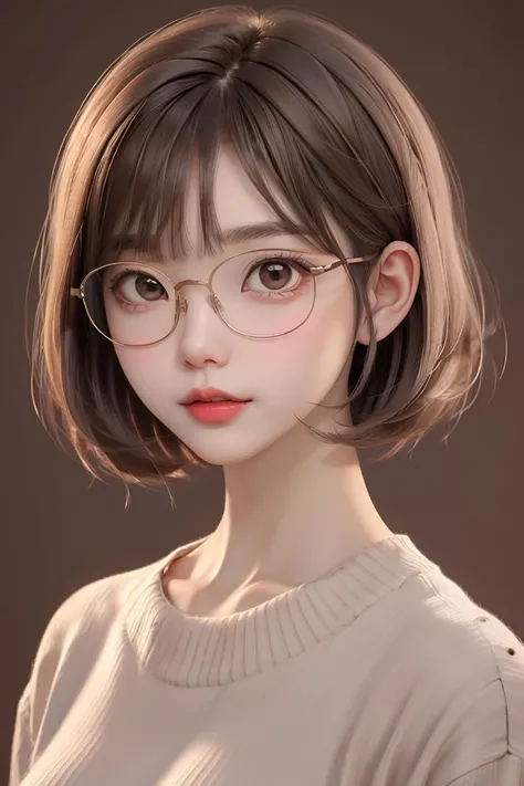 best quality, cartoon_portrait, 1girl, solo, looking at viewer, short hair, simple background, brown hair, bob cut, brown eyes, closed mouth, glasses, sweater, lips, swept bangs, brown background, red lips, <lora:cartoon_portrait_v2:0.7>