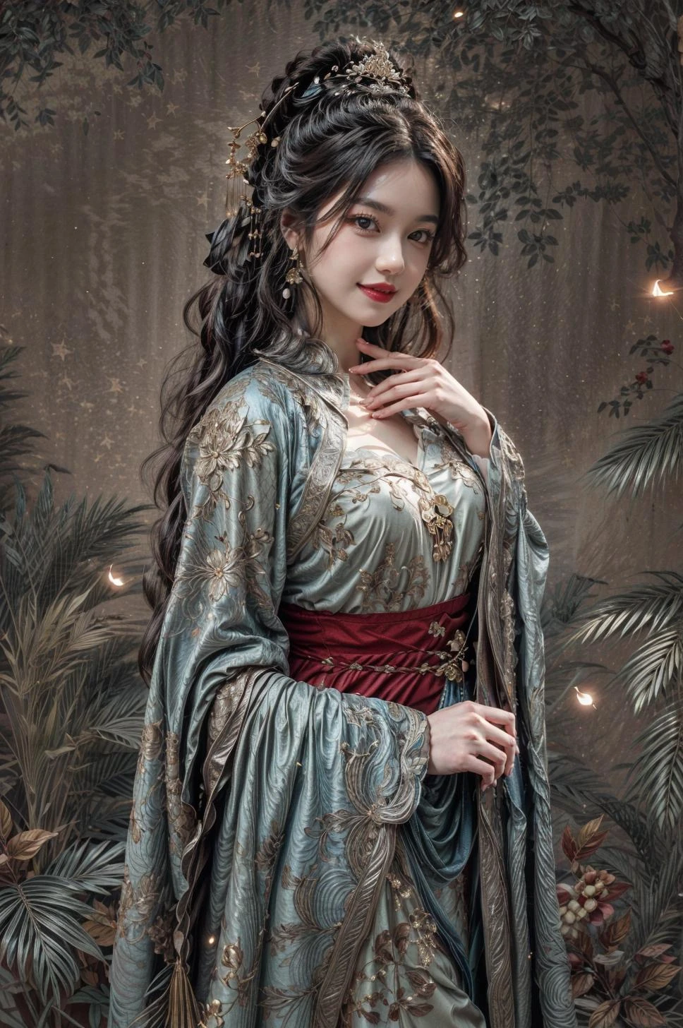 <(best quality, extremery best quality, masterpiece:1.4), (realistic, intricate details:1.4), (photorealistic:1.4), (extremely intricate:1.4), highres, ultra highres, ultra detailed, ultra-detailed, absurdres, incredibly absurdres, extremely detailed, high quality, high resolution, hyperrealistic, ultra-realistic, hyper-detailed, top quality, best, fine detail, massive detail, Highly detailed, extreme detailed, highest detailed, high-res, absolutely resolution, reflection, (refraction:1.4), (hyperrealism:1.4), ultra realistic details, highly intricate details>, BREAK, (1girl:1.3), solo, looking at viewer, (young cute beautiful 18-year-old girl:1.4), 3d face, (hand of Guido Daniele:1.4), beautiful girl, Beautiful face, pretty, girlface, kpop idol, supermodel, stunning innocent symmetry face, perfect body, medium breast, slim waist, slim legs, (high detailed skin:1.5), glowing eyes, goddess, natural skin texture, shiny skin, White skin, Beautiful detailed face, detailed face, real skin texture, cute delicate face, finely detailed face, golden ratio, golden ratio face, expressive eyes, perfect face, perfect skin, flawless face, clear face, shiny hair, pale skin, Proper body proportion, perfect anatomy, realistic skin texture, luscious lips, glossy lips, natural makeup, beautiful bright pupils, slender figure, intricate eyes, detailed pupils, detailed face and eyes, longeyelashes, blush, good hand, perfect hands, pretty face, beautiful female bodies, finely detailed skin, oily shiny skin, clean facial features, an extremely delicate and beautiful, cute & girly, beautiful detailed eyes, stars in the eyes, detailed simmetric eyes, perfect smooth skin texture, BREAK, (((((brilliant colors, (joshua middleton comic cover art, theater dance scene, hypermaximalist, ink painting, instagram contest winner, model pose, fashion color scheme, trending on cgsociety, playful illustrations, imaginative overlays, artistic fusion, fantastical scenes, evocative narratives, striking visuals:1.3), (Glowing ambiance, enchanting radiance, luminous lighting, ethereal atmosphere, mesmerizing glow, evocative hues, captivating coloration, dramatic lighting, enchanting aura:1.2), (moon, palace, Hibiscus, nymphaea, plum blossoms, a girl in hanfu, melanchonic soft light, photorealistic faces, moody lighting:1.4), (night, Night time, moon light, Golden Hour, sky, landscape, stars, starry, galaxy sky, milky way, night sky full of stars:1.2), (dancing, mountain, river, old tree, Ribbon, Elegant, She soared through the air in her flowing dress and fluttering ribbons, Graceful and graceful, pine trees, birds, moss, there is orange cat sitting near girl:1.2), (hanfu, ornaments detailed, traditional clothes, braids, water, jewelry, chinese clothes, earrings, sash, long sleeves, tree, petals, hair ornament, floating hair, dress, rock, falling petals, flower, chinese traditional architecture, ancient art, chinese style, Chinese, lake background, chinese buildings, misty lake, ancient chinese background, after the rain, wet grass and trees, waterfall, flying splashes, flying petals, leaves, bloom, bloom effect, surrounded by heavy floating petal flow, petal, leaves falling from the tree, peaceful atmosphere, mountainous backdrop, authentic cultural experience, quiet whispers, hushed conversations, tranquil silence, crisp air, soulful melodies, a sense of belonging, bonding with nature, quiet reflection, random patterns, energetic movement, bold colors, dynamic texture, spontaneous creativity:1.2), (smile, blush, Pink hair, Pink eye, long hair, Pink eyelashes, Pink lips, Pink lip colour, Eyes glowing Pink, flat bangs, happy expression, warm smile, cute smile, smiling:1.4), (long_hair, mountain background, forest, river in background, landscape, water reflection, outdoors:1.3), (mountains, breeze, dust is drifting, ethereal, scenery, nature, mysterious background, fog, wind:1.2), (iridescent colors, Iridescence, mysterious, fantasy background, fantasy, open mouth:1.2), (Luminescent Particles:1.3), (fullbody:1.2), (eye focus, face focus, character focus, close-up face:1.2), (dutch angle, cowboy shot:1.3), colorful refraction)))), BREAK, <hyper realistic DSLR photo, Nikon D5, cinematic portrait, portrait, ultra sharp, analog film photography, film emulation, bokeh, blurry noise background, watercolor, available light, detailed light, volumetric fog, beautiful lighting, Rembrandt lighting, Cinematic, pixel art, game art, key visual, surreal, PBR Texturing, Anisotropic Filtering, Maximum Clarity And Sharpness, Albedo And Specular Maps, Multi-Layered Textures, Surface Shading, Sub-Pixel Convolution, Sub-Pixel Convolution, Accurate Simulation Of Light-Material Interaction, blurry foreground, broad light, volumetric light effect, matte painting, perfectly defined features, volumetric lighting, Tone Mapping, Lumen Reflections, Global illumination, Ray Tracing, Screen Space Global Illumination, Accent Lighting, 32k, Natural Lighting, volumetric, cinematic masterpiece, Rule of thirds, high dynamic range, Multi-exposure HDR capture, cinematic render, game cg cinematic, atmospheric perspective, movie scene, epic dynamic frame, motion blur, ((cinematic look, Film look)), rim light, 4k textures, adobe lightroom, photolab, insane details, hyperdetailed, exposure blend, professional color grading, professional color correction, aerial perspective, particles and dust in beams of light, cinematic scene, dynamic lighting, sharp details, lomography, soft focus, light leaks, bold hues, atmospheric depth, (explosive light and shadow:1.2), aesthetics, intricate designs, ultra realistic digital art, (zentangle, mandala, tangle, entangle), (fractal art), elegant, vivid colours, floating particles, particles, dramatic, epic, (ink drawing, oil painting detailed), RAW, huge filesize, extremery detailed CG, Photo, 8k uhd, cinematic atmosphere, trending on artstation, award-winning glamour photograph, highly detailed photo, official art, beautiful and aesthetic, unity 8k wallpaper, beautiful, highly detailed CG illustration, best illustration, intricate, Amazing, emotional, analog, painting, digital painting, concept art, Oil Painting, illustration, Classical art, Renaissance, Romanticism, Neoclassicism, Color Palette, depth and contrast, Vibrant colors, saturated, rich saturation, color harmony, vivid palette, concept-art, design style, detail character, concept render, colorful, analog photography, dreamy atmosphere, specular highlights, atmospheric lighting, (dynamic angle, dynamic pose :1.3), (shiny, clothes reflecting light, lens flare, bloom effect, light particle, lens glare:1.3), realistic light, realistic lighting, cinematic light, (cinematic lighting), light in the face, soft lighting, saturated colors, detailed background, sharp focus, 8k high definition, perspective, Master Composition, roughness, post-processing, soft shadows, realistic shadows, ambient occlusion, ray-tracing, subsurface scattering, photon mapping, physically-based rendering, octane rendering, unreal engine 5, ue5 rendering, Adobe After FX, dslr, RTX, Best character details, radiosity, sharp, antialiased, RAW photo, HDR, 8k, 4k, (((Photographed by Roger Deakins, using a RED Monstro 8K VV camera and a series of high-end lenses))), ((Hasselblad photography)), (film grain:1.4), Kodak portra 400, ((Fujifilm X-T5)), professional photograph, depth of field, caustics, Broad lighting, diffuse lighting, rim lighting, two tone lighting, textile details, visible pores, high resolution scan, professionally color graded, photographic reality, automatic white balance, best lighting, detailed shadow, high contrast, strong light and shadow>, (PureErosFace_V1:0.3), (ulzzang-6500:0.7), <lora:epiNoiseoffset_v3:2>, <lora:add_detail:0.7>, <lora:hipoly_3dcg_v7-epoch-000012:0.7>, (kbxll:0.7), <lora:more_details:0.7>, <lora:anxiang:0.55>