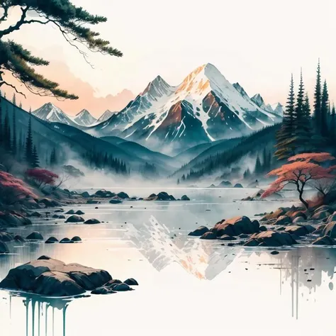 best quality,high quality, white background, scenery, ink, mountains, water, trees, <lora:ink-0.1-3-b28-bf16-D128-A1-1-ep64-768-DAdaptation-cosine:0.8>, <lora:shuV2:0.3>