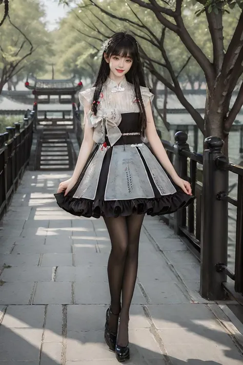 best quality, masterpiece, photorealistic, 1girl, solo, full body, standing, long black straight hair, blunt bangs, looking at viewer, smile, cyb dress, chinese clothes, black pantyhose, high heels, detailed background, chinese garden, water, flower, tree,<lora:cns_dress_vol2_style4_v1:0.8>