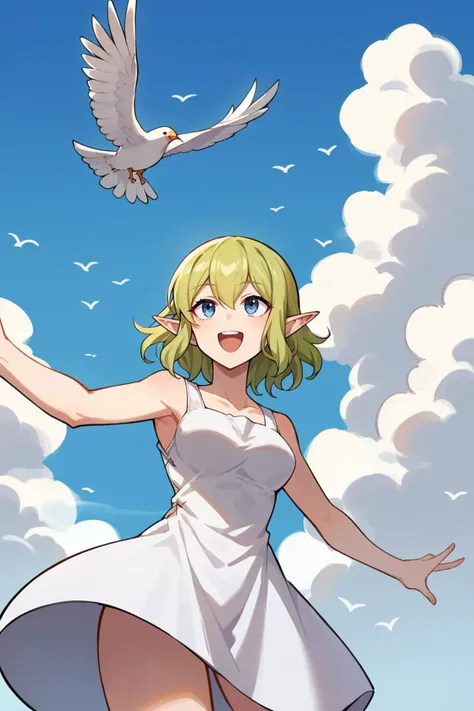 score_9, score_8_up, score_7_up, score_6_up, source_anime, BREAK 1girl, solo <lora:ryuulion-pdxl-nvwls-v1-000006:1> ryuu, green hair, white sundress, sleeveless, happy, looking up, clouds, sky, birds flying in the sky, landscape, medium breasts
