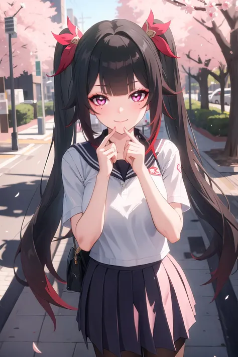 1girl, sparkle \(honkai: star rail\), twintails, solo, school uniform, white shirt, sweater, pleated skirt, pantyhose, light smile, looking at viewer, outdoors, street, cherry blossoms, petals, depth of field