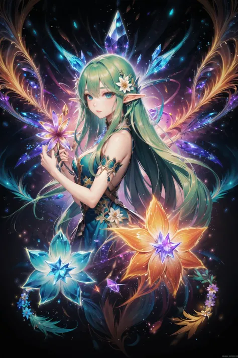 absurdres, highres, (official art, beautiful and aesthetic:1.2), close view,
[ (elf 1girl:1.2),green hair long hair, complex hair, colorful hair, dynamic hair, shining eyes : calligraphy art, calligraphy : 15 ], complex dress,
(fractal art:0.9),looking to the side, 
(complex background:1.1), (flower effects, dna effects,crystal:1.3),  <lora:on_fire:0.5>,  <lyco:GoodHands-beta2:1.0>