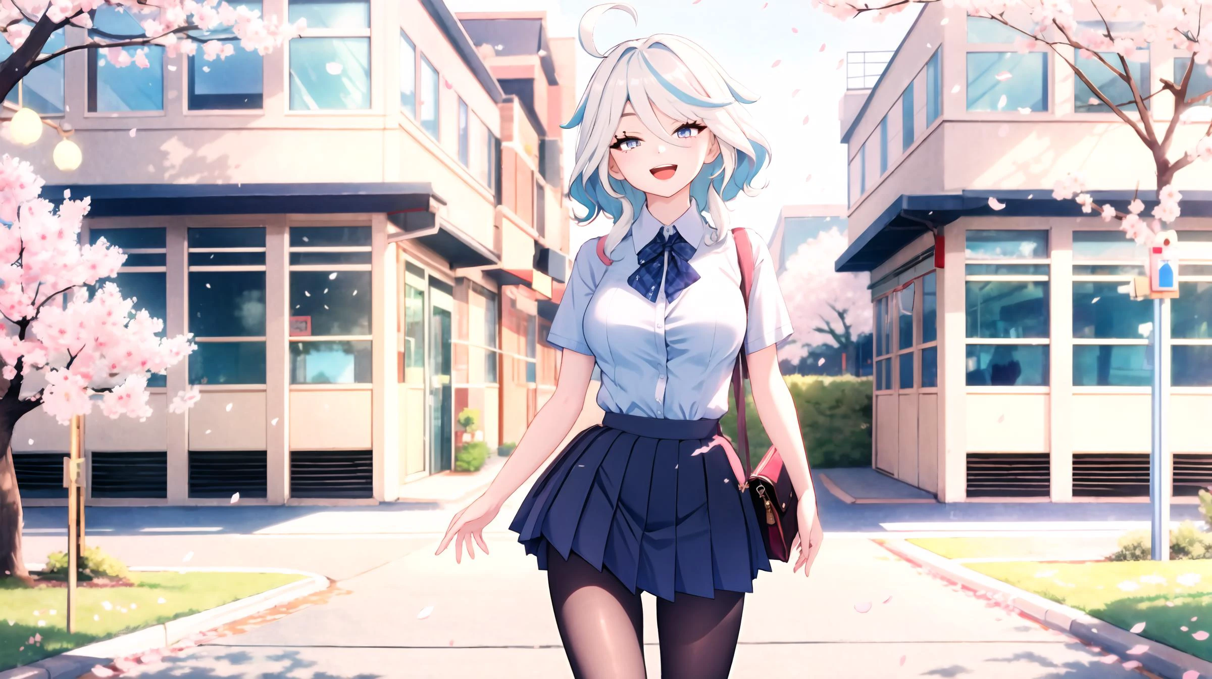1girl,focalors \(genshin impact\) solo,school uniform,white shirt,sweater,pleated skirt,pantyhose,light smile,double v,looking at viewer,smile,open mouth,outdoors,street,cherry blossoms,petals,depth of field,masterpiece,
<lora:Char-Genshin-Furina-v2:0.9>,