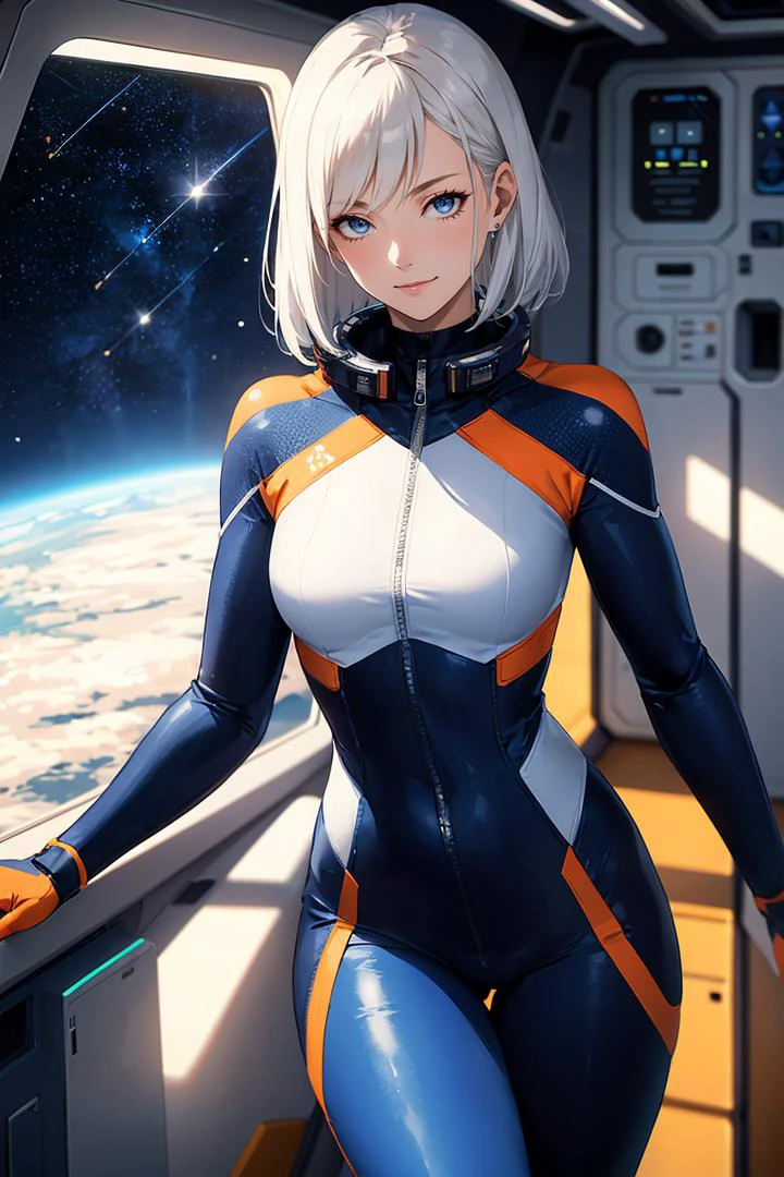 a woman,masterpiece,best quality,28 years old,smirk,(dark blue and white and orange clothes Spacesuit:1.2),space uniform,(black zipper:0.7),equipment,shiny_clothes,bodysuit,SF,white hair,thick thighs,wearing equipment,BREAK in the spaceship,in the space station,small window,inside the plane,