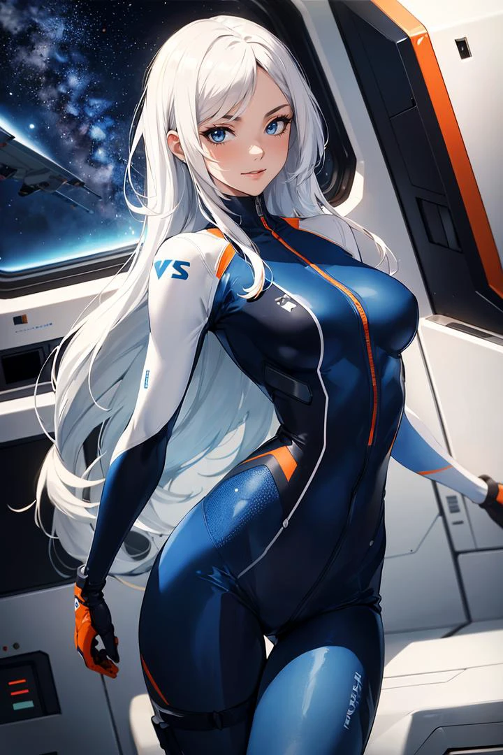 a woman,masterpiece,best quality,28 years old,smirk,(dark blue and white and orange clothes Spacesuit:1.2),space uniform,(black zipper:0.7),equipment,shiny_clothes,bodysuit,SF,white hair,thick thighs,wearing equipment,BREAK in the spaceship,in the space station,small window,inside the plane,