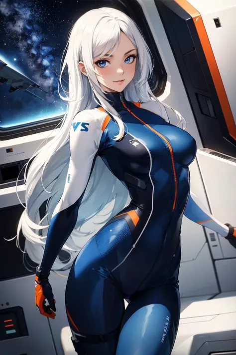 a woman,masterpiece,best quality,28 years old,smirk,(dark blue and white and orange  clothes  Spacesuit:1.2),space uniform,(black zipper:0.7),equipment,shiny_clothes,bodysuit,SF,white hair,thick thighs,wearing equipment,BREAK in the spaceship,in the space station,small window,inside the plane,