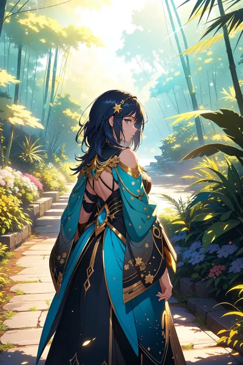 1girl, grand Fractal, Rusticcore, concept art, extreme wide shot of a ("You're still a rockstar, I'll be your groupie.":1.3) , it is very Aesthetically Pleasing and Ancient, lord of the rings scenery landscape, Flora jungle and Bamboo background, Deserted street with Pots with flowers, Foggy, Sharp and in focus, (by Josef Gassler:1.2) , Cel shading, Fearful, back-light, Depth of field 100mm, Film Washi, Gold and Neon flakes, gorgeous and charming, artstation, trending on artstation