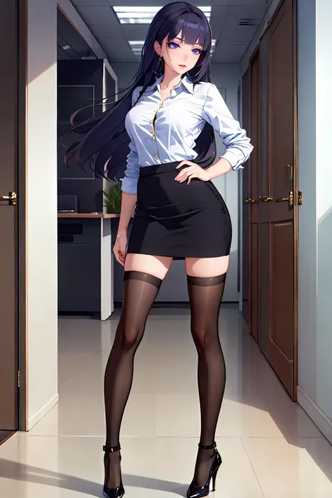 1girl, raiden mei, solo, office lady, collared shirt, white shirt, pencil skirt, black thighhighs, high heels, standing, full body, office, indoors, depth of field, masterpiece