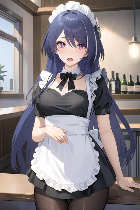 1girl, acheron \(honkai: star rail\), solo, maid, maid headdress, maid apron, embarrassed, pantyhose, open mouth, blush, parted lips, looking at viewer, cowboy shot, bar \(place\), indoors, depth of field