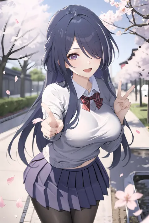 1girl, acheron \(honkai: star rail\), solo, school uniform, white shirt, sweater, pleated skirt, pantyhose, light smile, double v, looking at viewer, smile, open mouth, outdoors, street, cherry blossoms, petals, depth of field