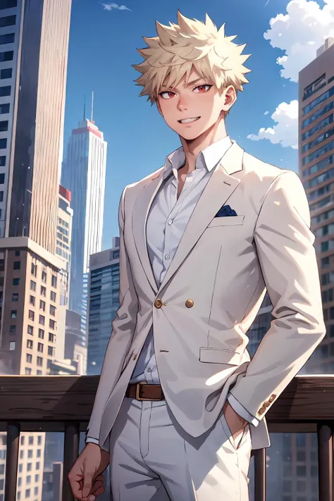 <lora:bakugo by goofy ai:1>, bakugo katsuki, red eyes, blonde hair, detailed, detailed background, short hair,broad shoulders, muscular male, 1boy, solo, male focus, white suit, navy shirt, white pants, urban background, city, skyscrapers, blue period, gold buttons, facing viewer, grinning at viewer,