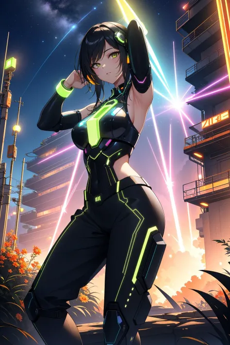 1girl, appealing Painting, Wonder, selfie of a Quaint Average electric orange ([Siberian Husky|succotash]:1.3) Sociologist, dressed in a very Revolting [Foul|Semi-Abstract] electric pink Sleeveless top and wide-leg pants from the Iron Age, Kung fu pose, Untidy Oil refinery in background, summer hillside and Cygnus constellation in background, Fall, in focus, Visual novel, Sci-Fi, Stonepunk, Dramatic spotlight, pinhole lens, fluorescent yellow and DayGlo green neon hue, dark black lightning bolts, Floral motives, arthouse, octane engine
