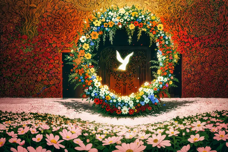 (ring:1.1) of flowers leading to another world, wreath, garland, flower crown, concept art, dramatic scene, absurdres, hyper detailed, highres, dynamic lighting, dynamic angle, (flowers, petals, floral background:1.2), linocut printmaking, bold lines, graphic design, stark contrasts, hand-carved textures, traditional craftsmanship, striking visuals<lora:flat2:-0.6>