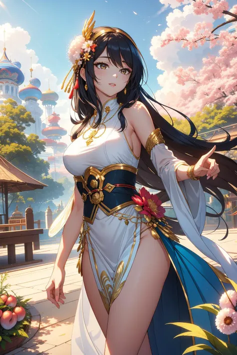1girl, detailed Cinematic still, Boho, hyper detailed, establishing shot of a Brilliant Squealing Russian ([Zodiacal light:Lychee:2]:1.3) , it is sleek, it is in a Eastern setting, Crude Amusement park in background, lush garden and city, Sunny, in focus, Masterpiece, Hopeless, soft light, Circular polarizer, Sepia filter, behance, Blue explosions, octane engine, trending on artstation, heroic
