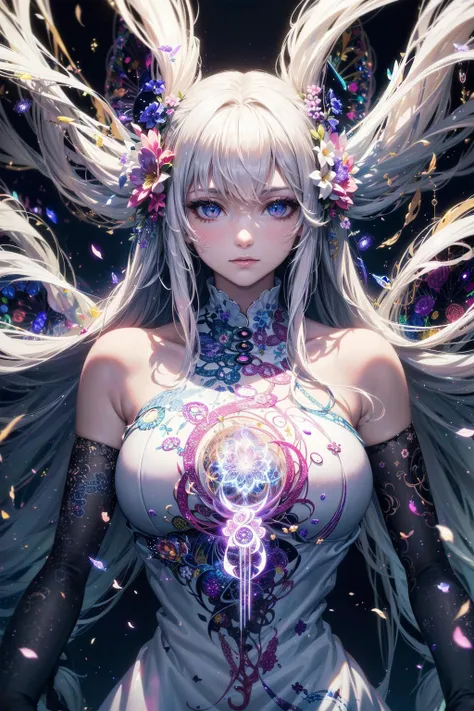 absurdres, highres, (official art, beautiful and aesthetic:1.2), (close view:1.4), 
[ (1girl:1.4), (long hair, complex hair, colorful hair, dynamic hair, shining eyes:1.2) : (calligraphy art, calligraphy:1.2) : 15 ], (complex dress:1.2),
(fractal art:1.1),
(complex background:1.3), (flower effects, dna effects:1.2), (white effects:1.2),
<lora:flat2:-0.3>