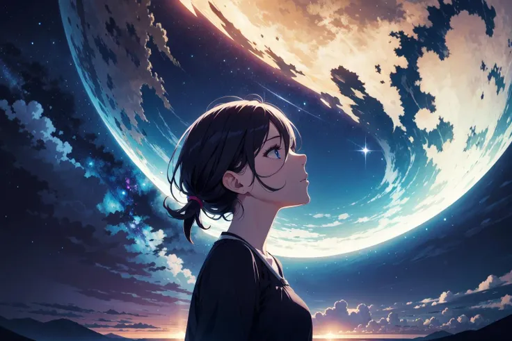 close view, 1girl, shining sky, vast world, gazing, awe-inspiring expression, distant horizon, clouds, high hill, natural beauty, inspiration, night sky, Shining Stars,