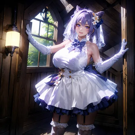 (((extremely detailed CG unity 8k wallpaper,masterpiece,best quality,huge filesize,Ultra-Detailed,volume light,ambient light,ray tracing,masterpiece-anatomy-perfect,))),
(((1 girl,solo,delicate eyesand face))),(seductive_smile:1.3),pureerosface_v1,
<lora:hyperfusion_550k_128dim-LoCon_extracted-v7:0.7>,(gigantic breasts:1.5),topheavy,hyperbreasts,
<lora:venus body2:0.7>,venusbody,wide hips,thick thighs,
(ancient Chinese mountain city),(traditional architecture),(stone pathways),(temples and pagodas),(mountainous backdrop),(lush greenery),(misty atmosphere),(wooden buildings with curved roofs),(ancient bridges),(serene river),(colorful lanterns),(historical ambiance),(tranquil environment),(picturesque landscape),
<lora:Genshin_Keqing_WeddingDress_cosplay_v1:0.9>,keqing cosplay costume,keqing,cosplay,alternate costume,purple hair,twintails,long hair,hair bun,cone hair bun,dress,white dress,wedding dress,sleeveless dress,frills,lace trim,gloves,white gloves,elbow gloves,bow,bowtie,flower,veil,bridal veil,bride,hair ornament,hair flower,hair ribbon,hair bow,thighhighs,lace-trimmed legwear,frilled thighhighs,white thighhighs,high heels,(standing:1.5),