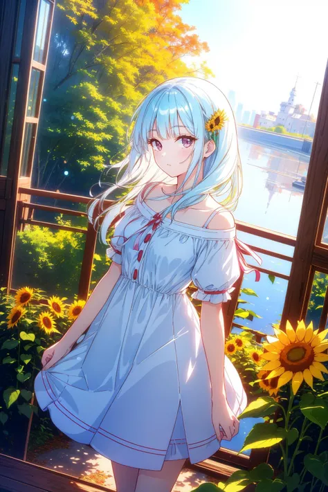 1girl, charming Cartoon of a surreal, Burgundy and Forest Green ("Through the lens of poetry, everyday objects become vessels of meaning, revealing the extraordinary within the ordinary.":1.3) , it is very Abandoned and Asymmetrical, background is Unconventional Sea fort, Pretty trees with Sunflower, Sun in the sky, Bokeh, Rough sketch, Awe, Cloisonnism, Neon Light, Low shutter, Colorless, Cross Processing, Plain white background, beautiful, 8K, lovely, common