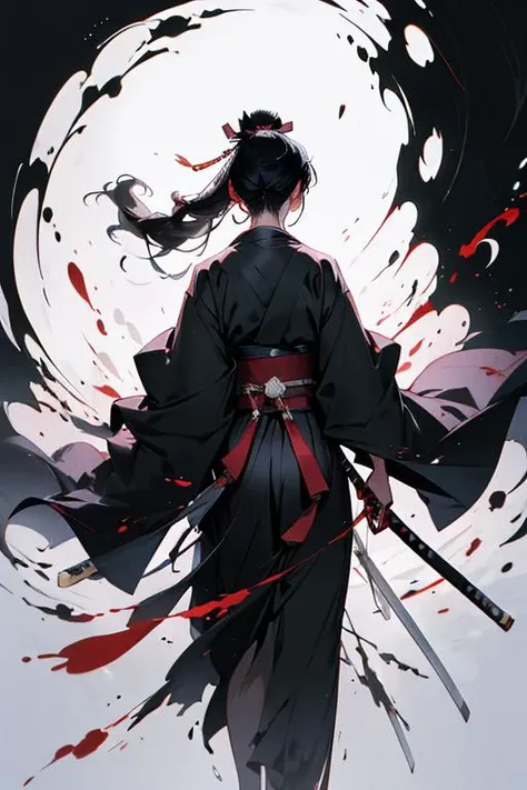 (best quality),ukiyoe style,ink splashes,silhouette art,samurai,ultra highres,absurdres,red and black,holding katana,from behind,<lora:md2:0.7>,katana,KATANA,,KatanaOneHand,