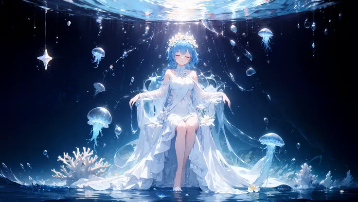 upper body,1girl,solo,blue hair,flower effects,white effects,complex jellyfish costume,The sea of ââstars,sitting,coral chair,countless bubbles,closed eyes,relax,