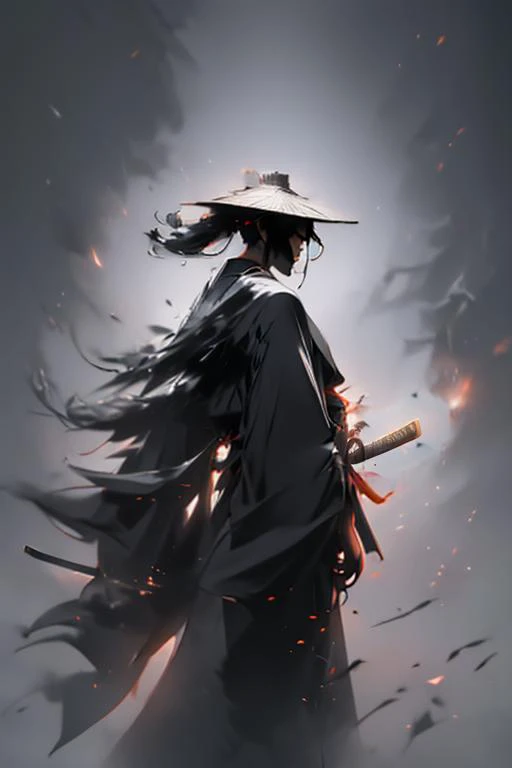 (best quality),ukiyoe style,ink splashes,silhouette art,samurai,ultra highres,absurdres,red and black,holding katana,from behind,<lora:md2:0.7>,katana,KATANA,<lora:bamboo hat_20231205142238:0.7>,bamboo,KatanaOneHand,