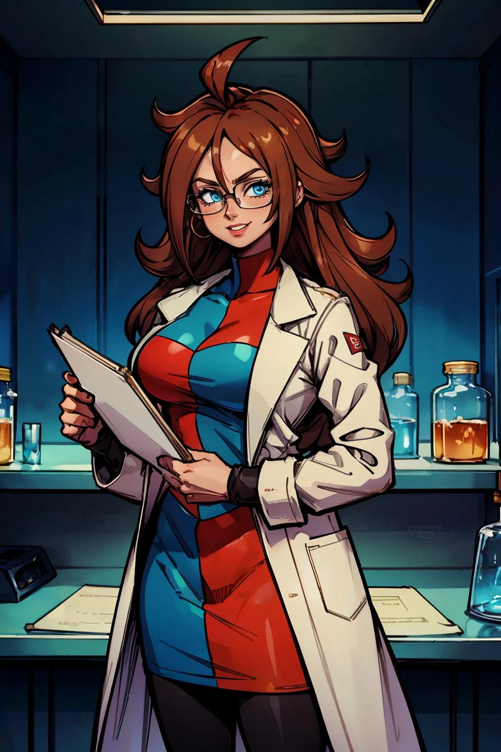 android 21, glasses, long brown hair, blue eyes, checkered dress, labcoat, pantyhose, looking at viewer, serious, smiling,standing, inside laboratory, monitors, holding clipboard, neon lighting, high quality, masterpiece, <lora:GAME_android_21_aiwaifu69-10:.7>