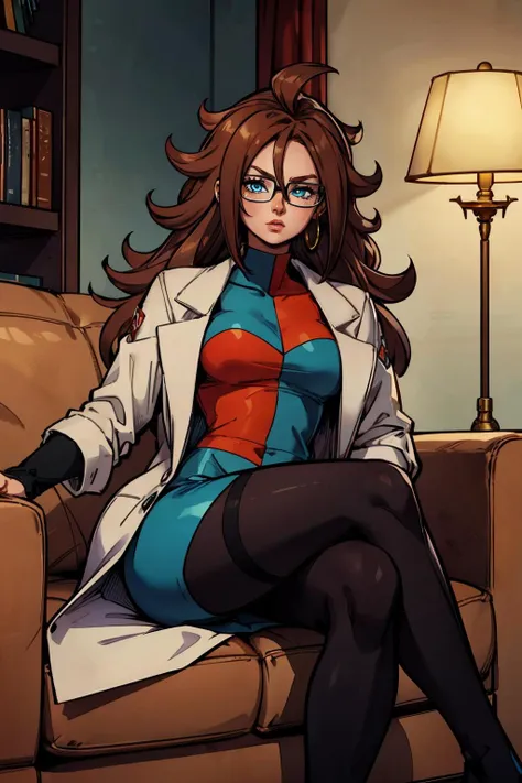 android 21, glasses, long brown hair, blue eyes, checkered dress, labcoat, pantyhose, looking at viewer, serious, sitting, on sofa, legs crossed, cozy living room, lamp, high quality, masterpiece, <lora:GAME_android_21_aiwaifu69-10:.7>