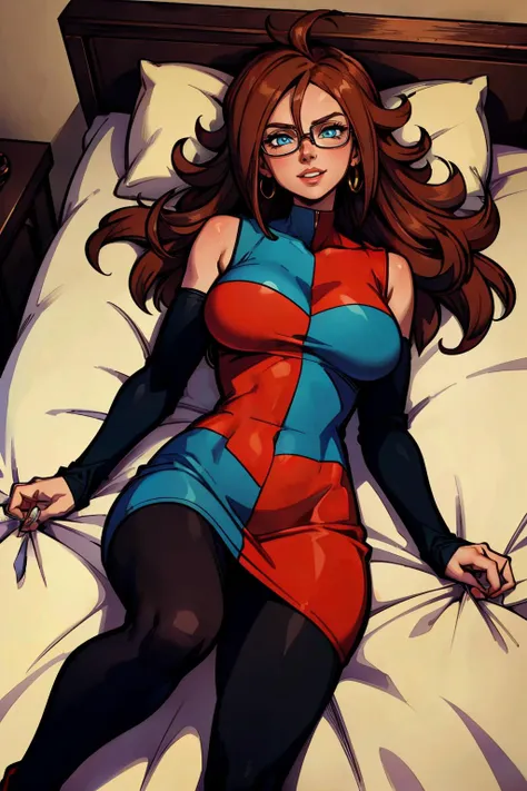 android 21, glasses, long brown hair, blue eyes, checkered dress, pantyhose, looking at viewer, serious, seductive smile, lying, on back, on large bed, from_above, romantic ambiance, high quality, masterpiece, <lora:GAME_android_21_aiwaifu69-10:.7>