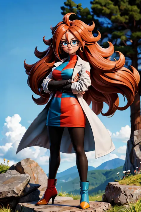 android 21, glasses, long brown hair, blue eyes, labcoat, checkered dress, pantyhose, heels, looking at viewer, smiling, standing, arms crossed, full body shot, outside, mountain, rocks, tree, blue sky, high quality, masterpiece, <lora:GAME_android_21_aiwaifu69-10:.7>