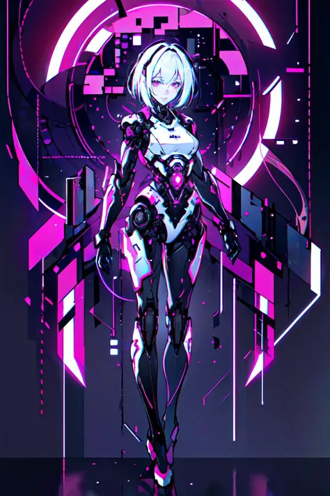 best quality, masterpiece, illustration, masterpiece, realistic, photorealistic, 1girl, solo, full body, skinny, medium breasts, long legs, short hair, (Blank background:1.3), grey background, Mechanical body, cyborg, <lora:dragon ear_20230623155318:0.6>, <lora:Futuristicbotv.2:0.7> <lora:Neno:0.7> neon_lights <lora:Glitching:0.4> glitching