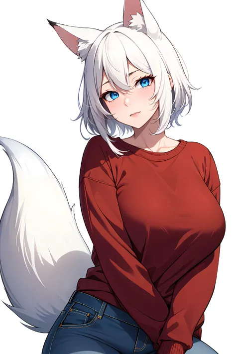 1girl, solo, mature, mature female, milf,
white hair, fox ears, fox tail,
blue eyes,
red sweater, jeans,
white background,